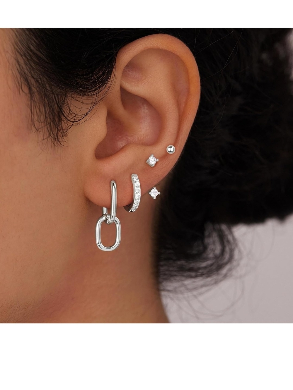 Sterling Silver Linked Hoop & CZ Stud Earring Set - Silver